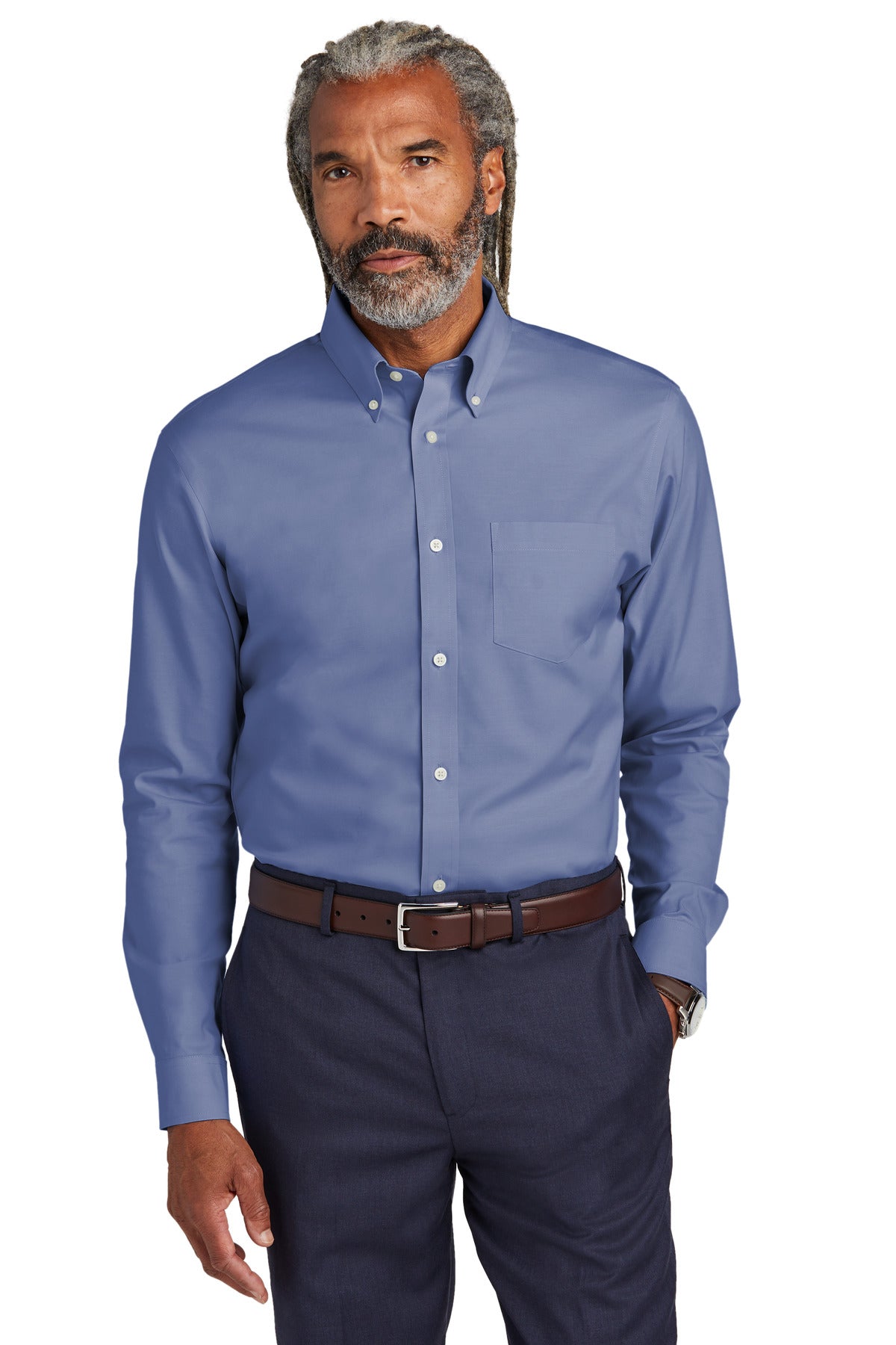 Front View of CobaltBl Brooks Brothers Wrinkle-Free Stretch Pinpoint Shirt BB18000