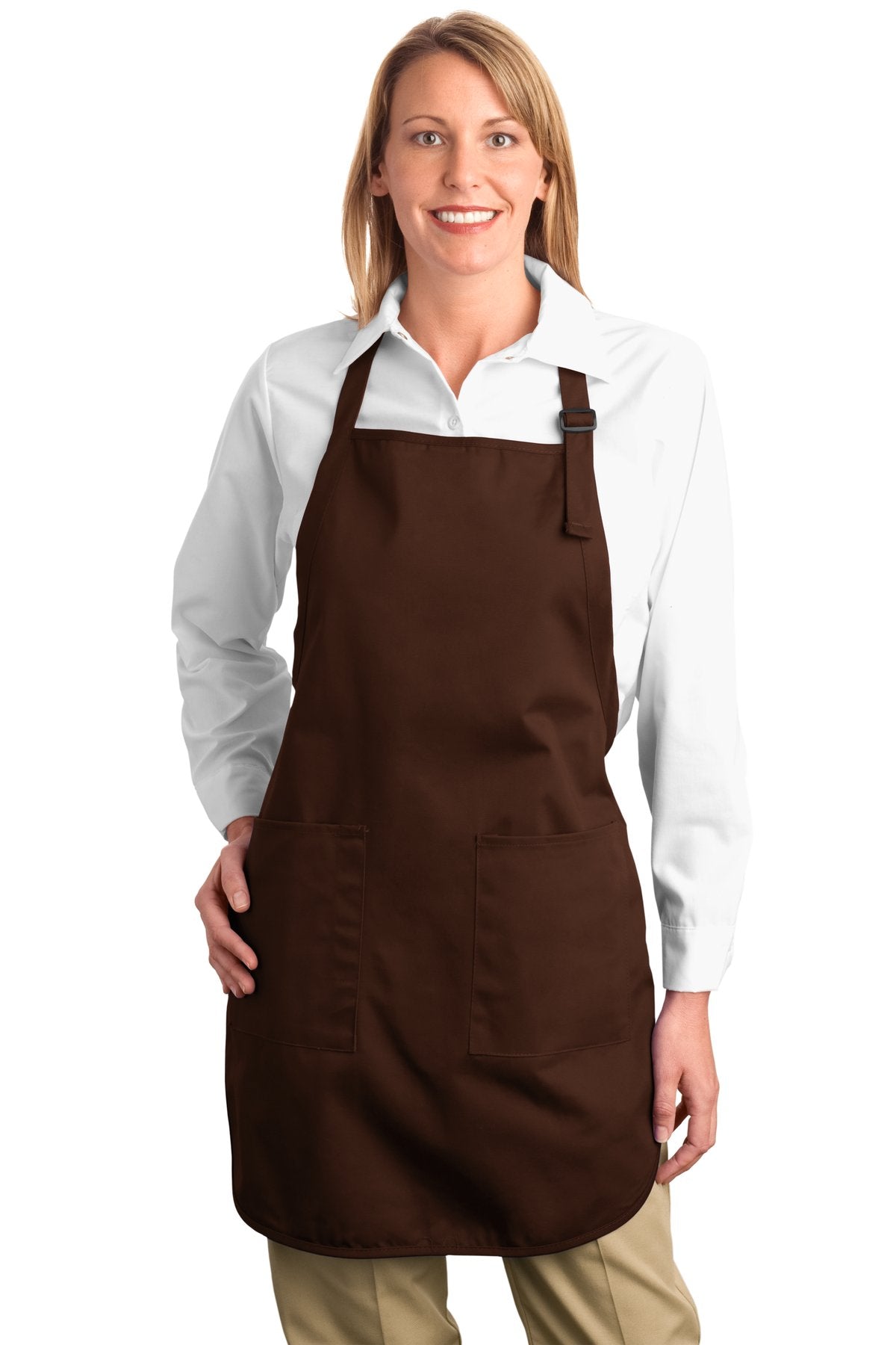 Front View of Coffee Bean Port Authority Full-Length Apron with Pockets. A500