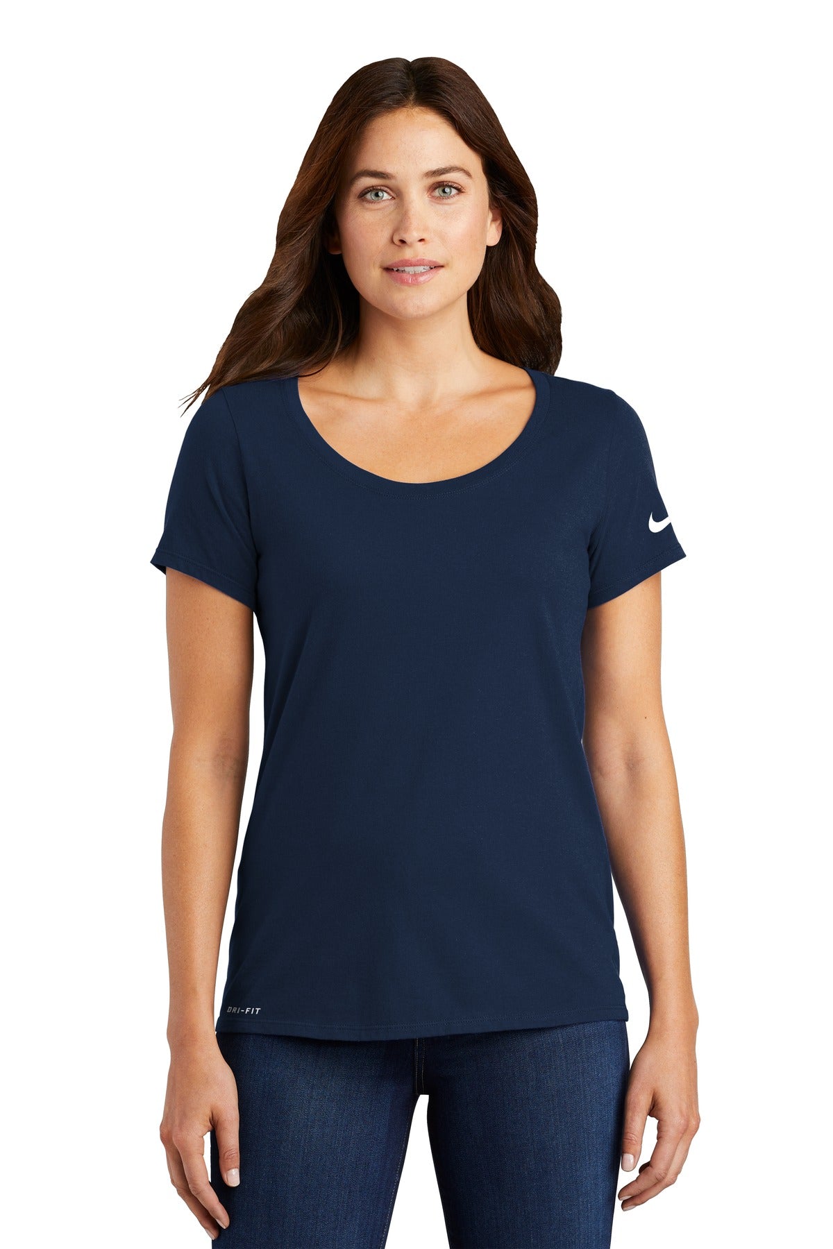 Front View of College Navy Nike Women's Dri-FIT Cotton/Poly Scoop Neck Tee. NKBQ5234