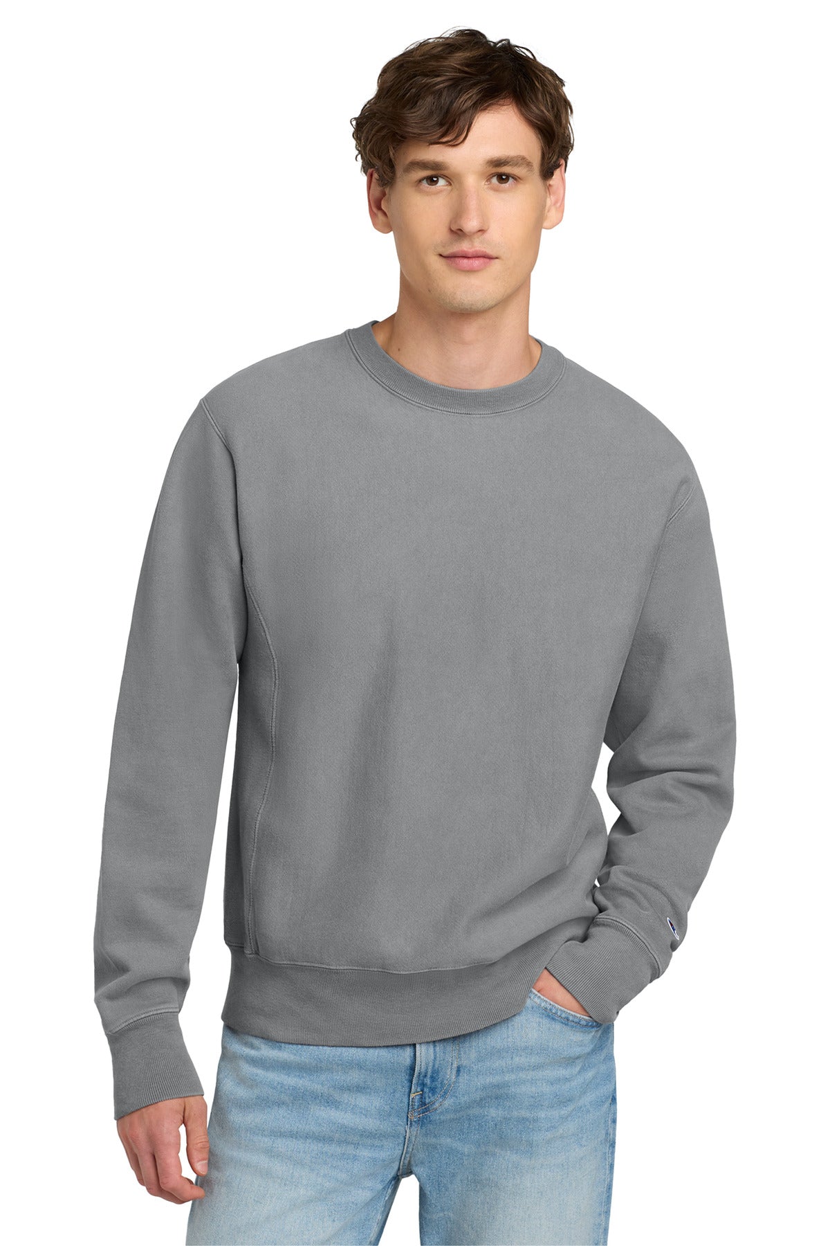Front View of Concrete Champion Reverse Weave Garment-Dyed Crewneck Sweatshirt. GDS149