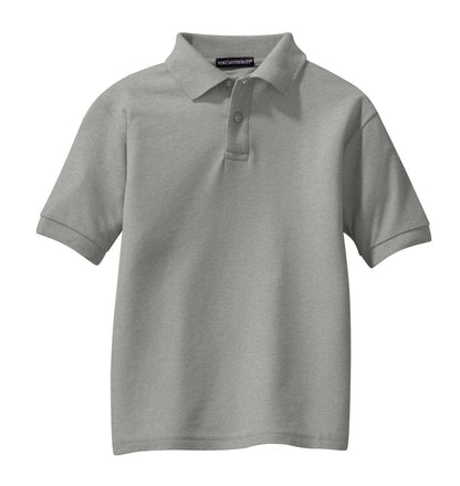 Front View of Cool Grey Port Authority Youth Silk Touch Polo. Y500