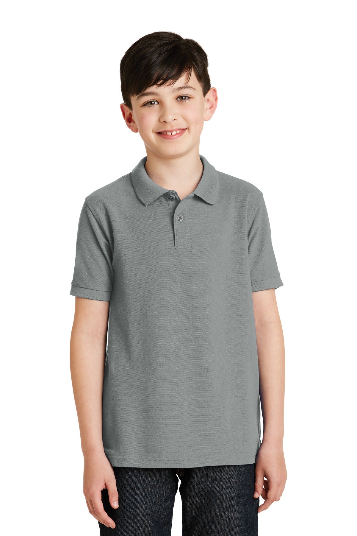 Front View of Cool Grey Port Authority Youth Silk Touch Polo. Y500