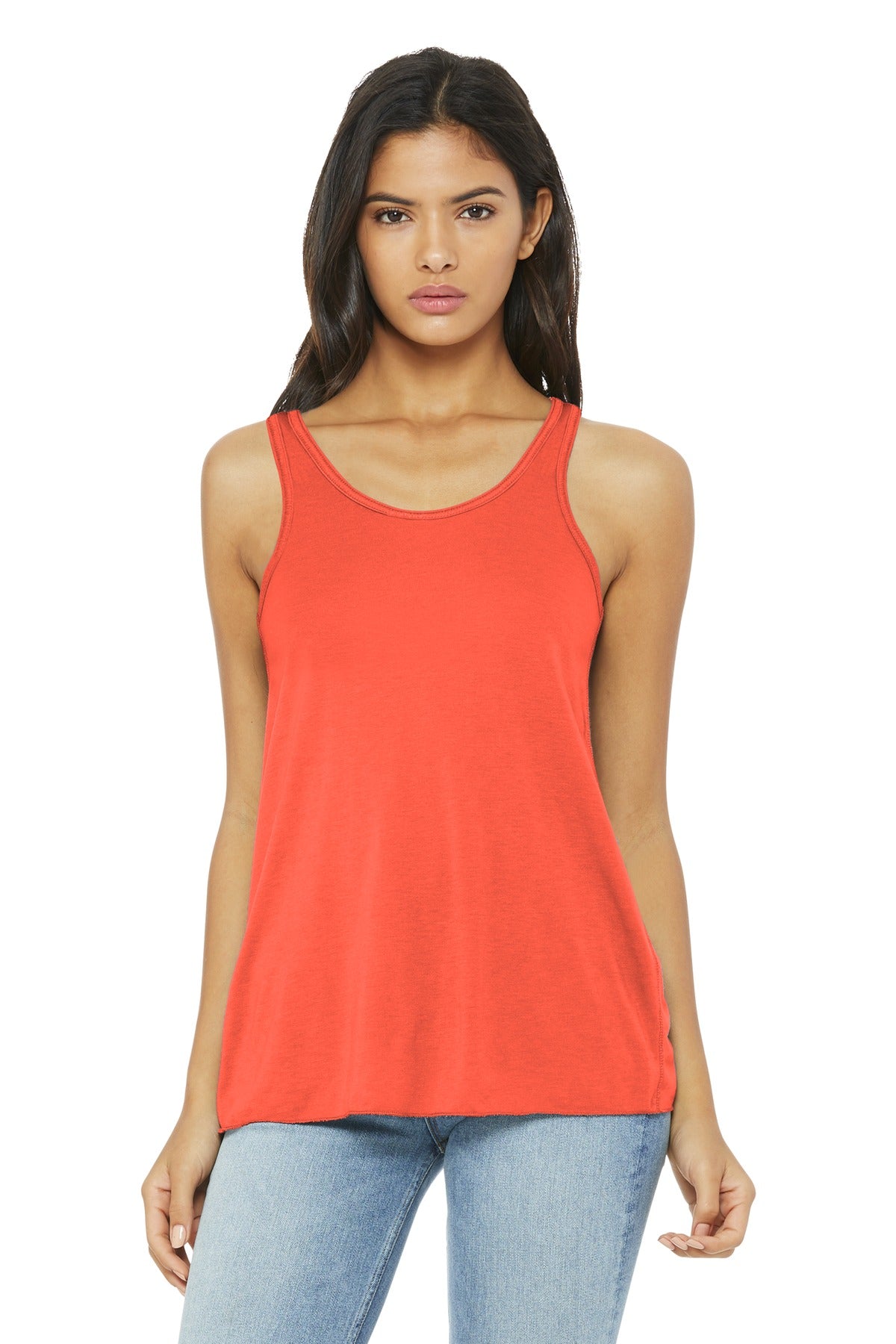 Front View of Coral BELLA+CANVAS Women's Flowy Racerback Tank. BC8800