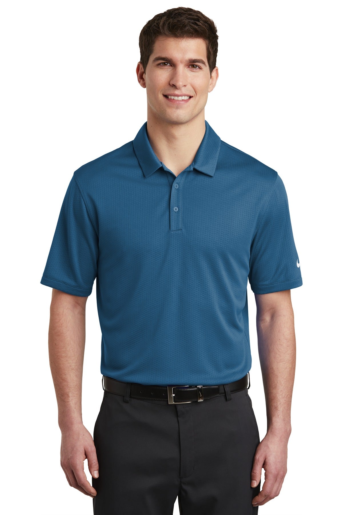 Front View of Court Blue Nike Dri-FIT Hex Textured Polo. NKAH6266