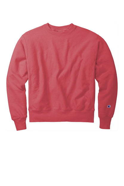 Front View of Crimson Champion Reverse Weave Garment-Dyed Crewneck Sweatshirt. GDS149