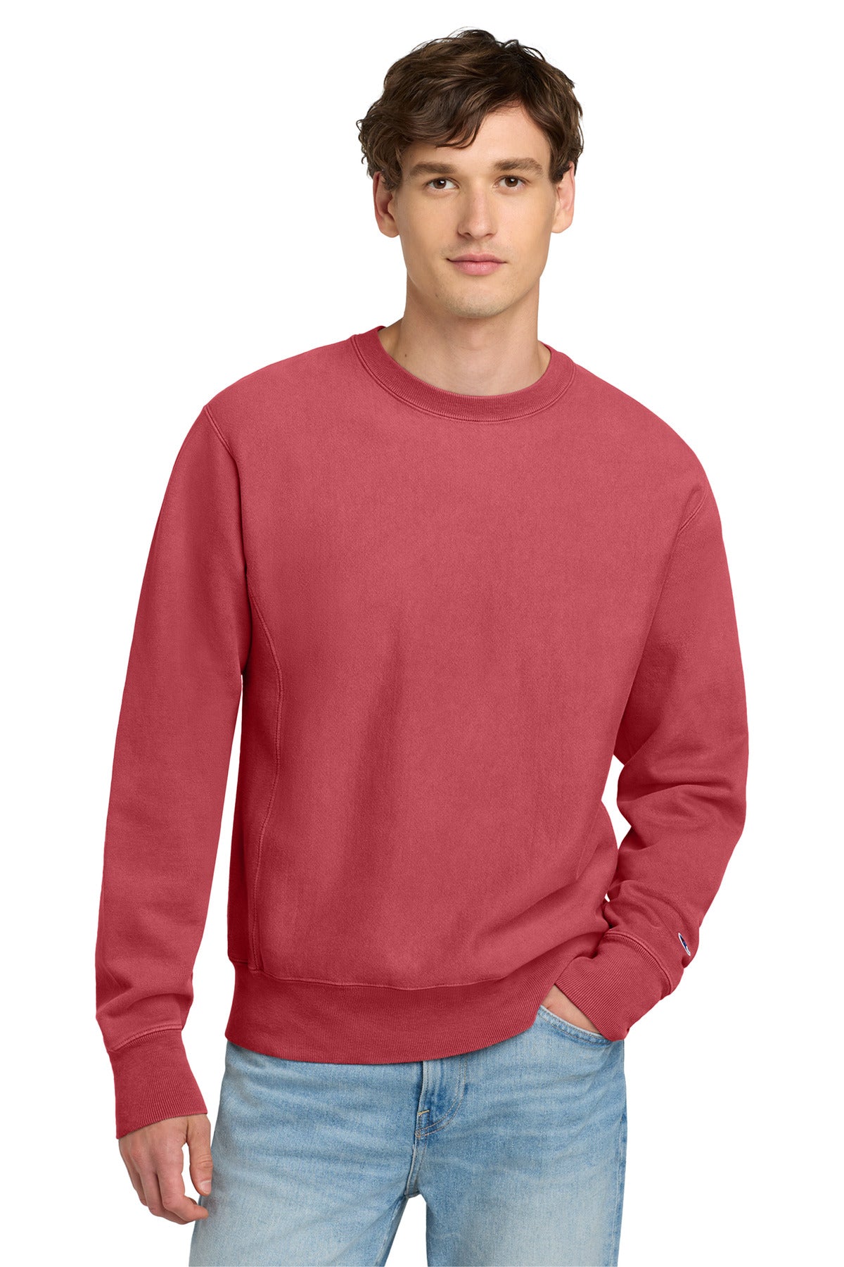 Front View of Crimson Champion Reverse Weave Garment-Dyed Crewneck Sweatshirt. GDS149