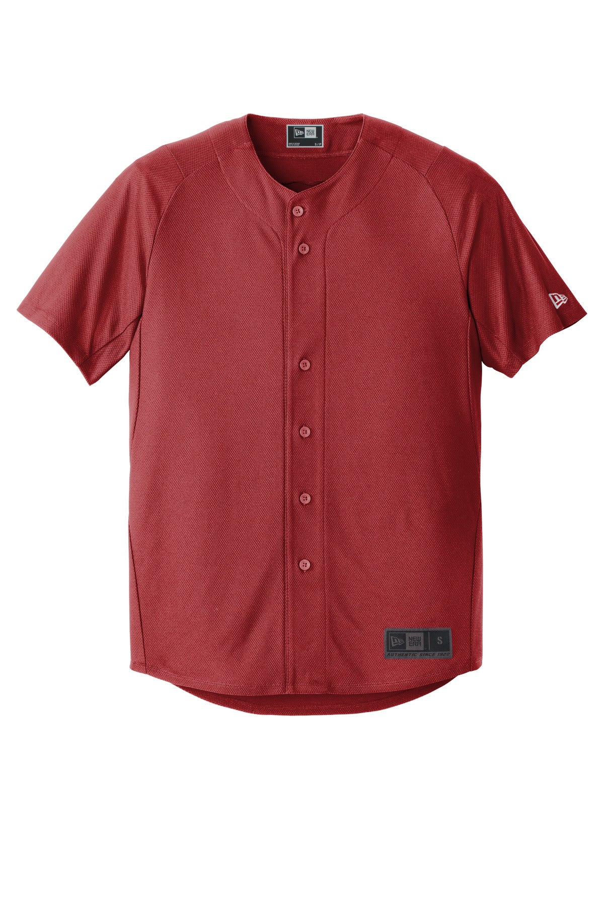 Front View of Crimson New Era Diamond Era Full-Button Jersey. NEA220