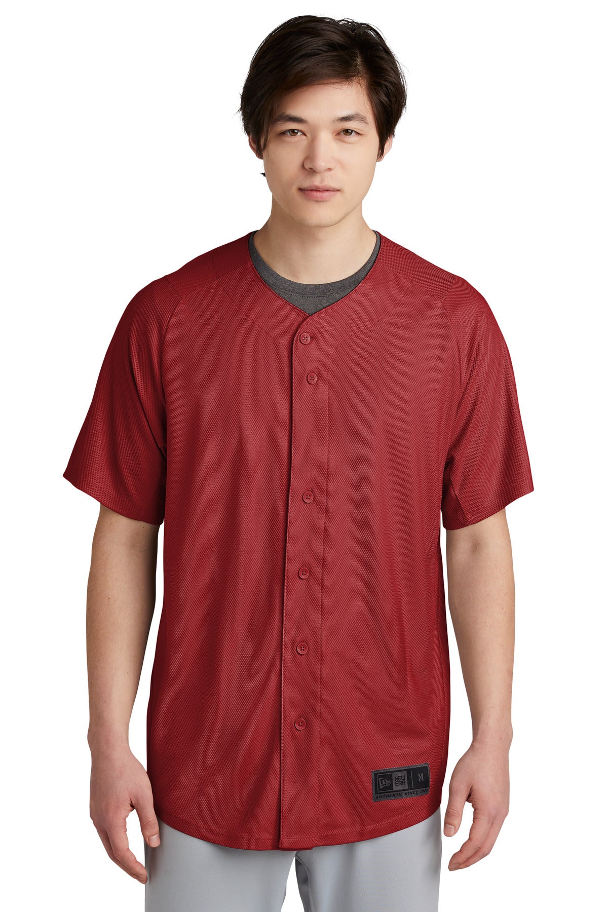 Front View of Crimson New Era Diamond Era Full-Button Jersey. NEA220