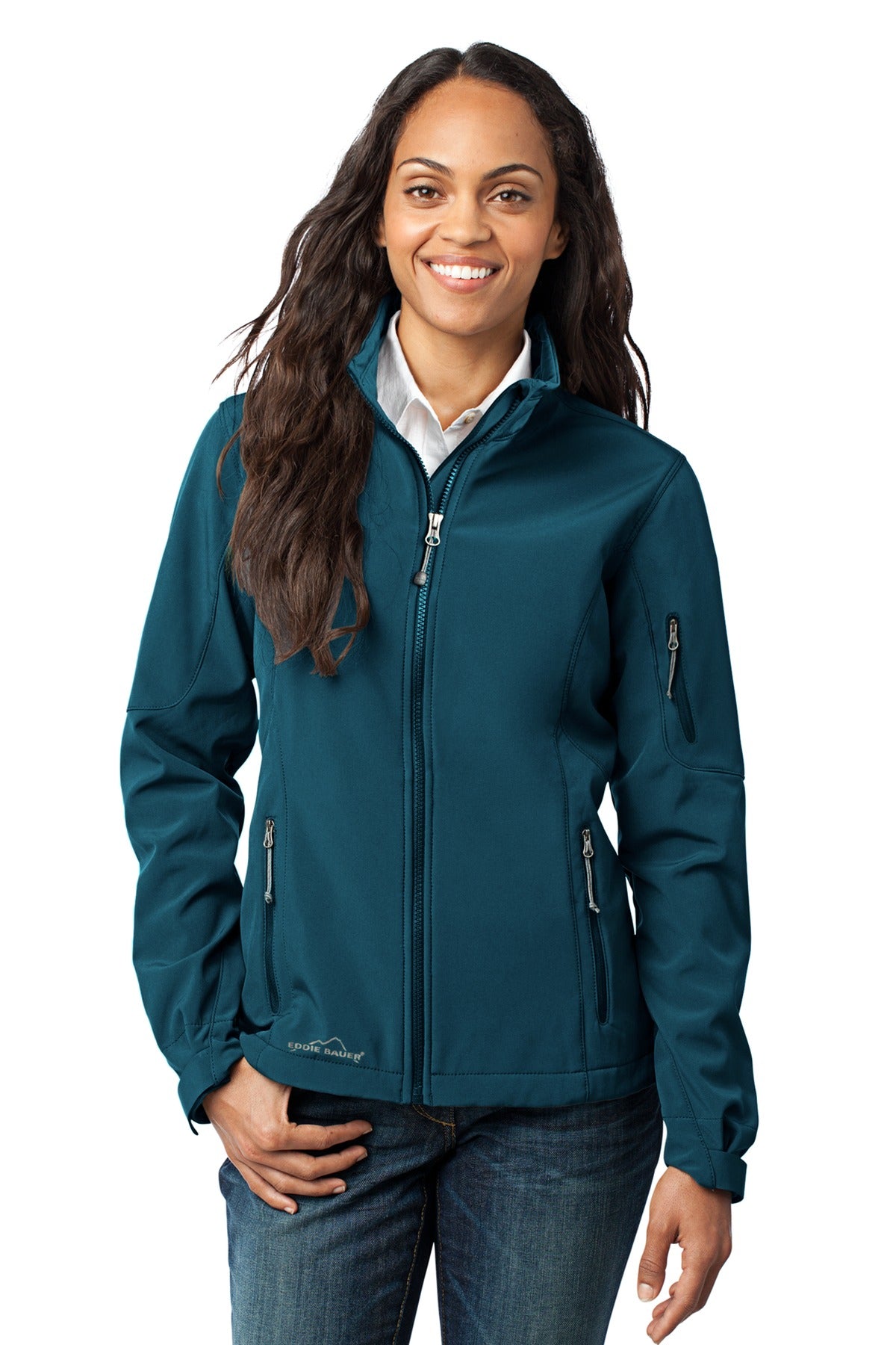 Front View of Dark Adriatic Eddie Bauer Women's Soft Shell Jacket. EB531