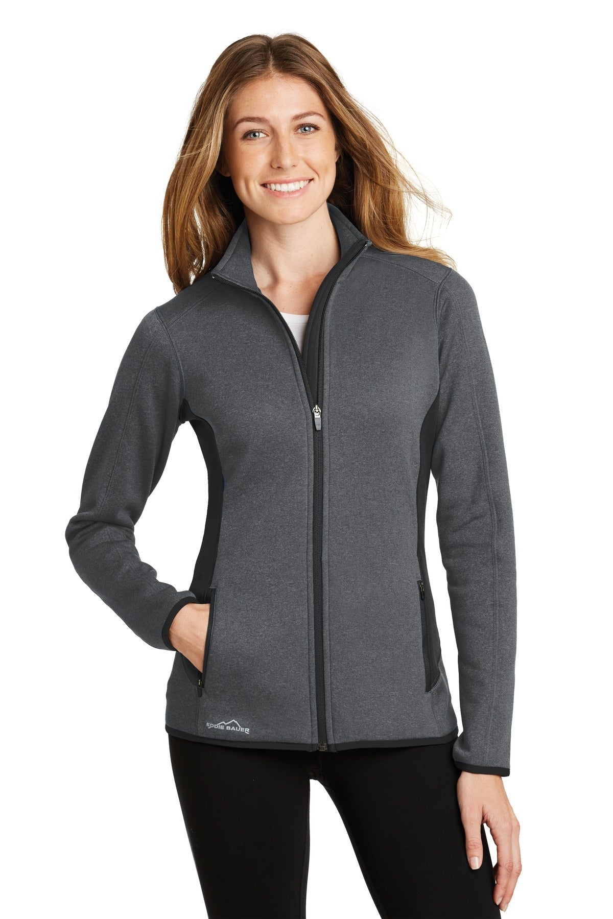 Front View of Dark Char Hthr Eddie Bauer Women's Full-Zip Heather Stretch Fleece Jacket. EB239