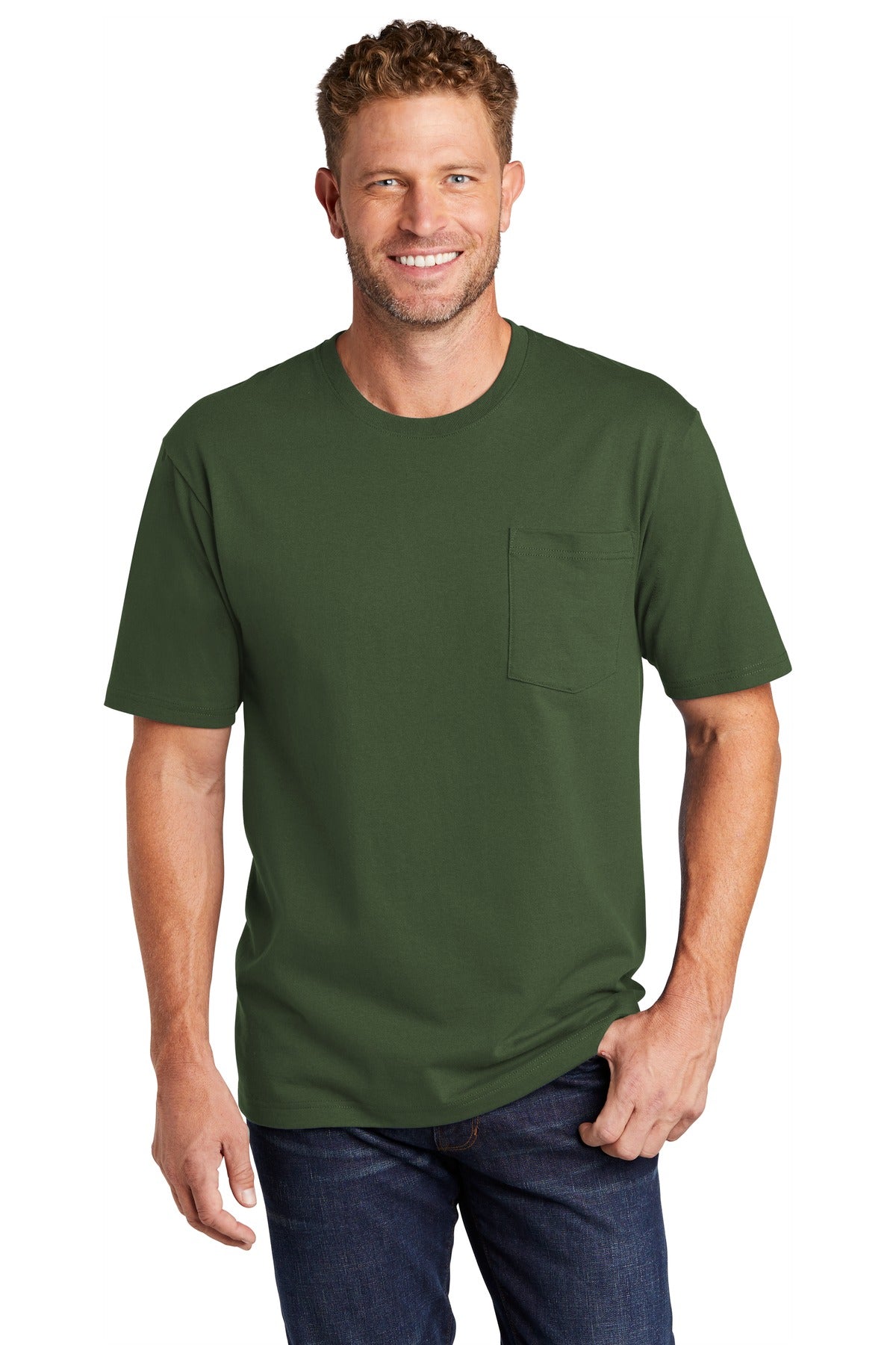 Front View of Dark Green CornerStone Workwear Pocket Tee CS430