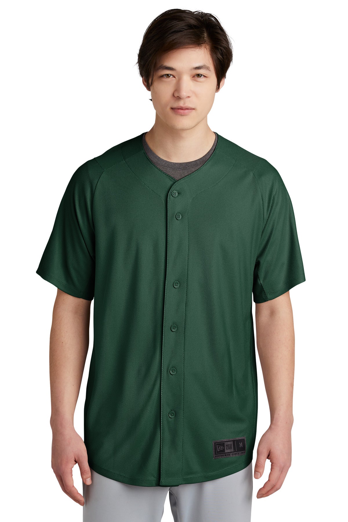 Front View of Dark Green New Era Diamond Era Full-Button Jersey. NEA220
