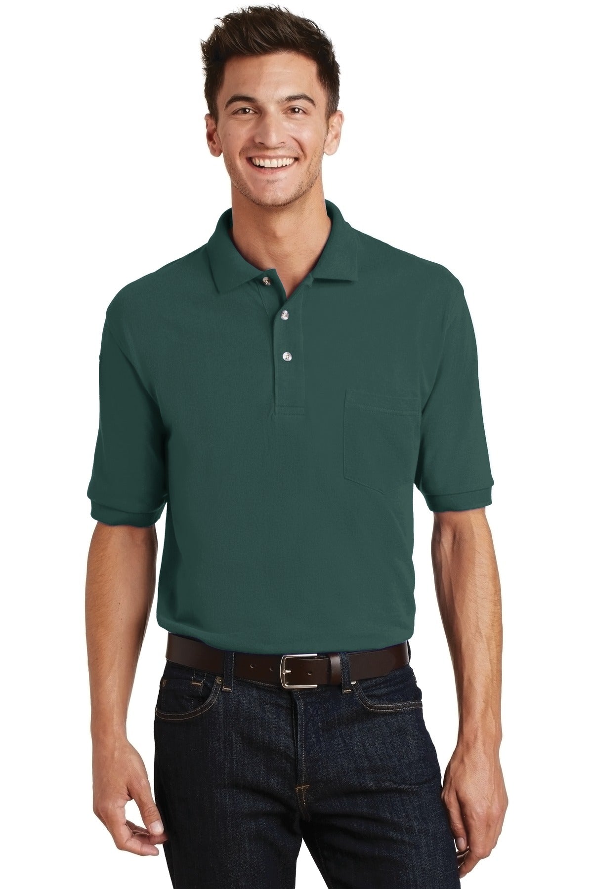 Front View of Dark Green Port Authority Heavyweight Cotton Pique Polo with Pocket. K420P