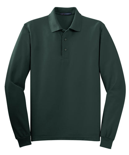 Front View of Dark Green Port Authority Silk Touch Long Sleeve Polo. K500LS