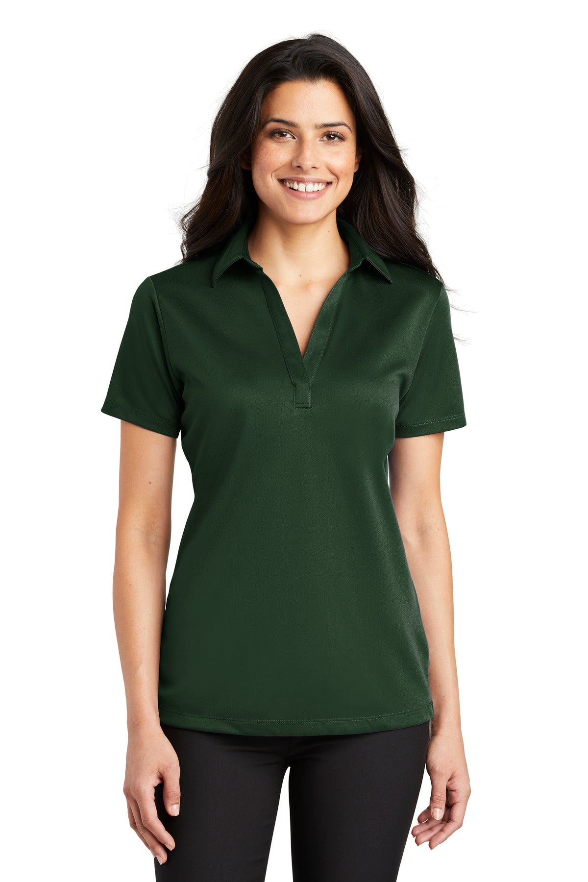 Front View of Dark Green Port Authority Women's Silk Touch Performance Polo. L540