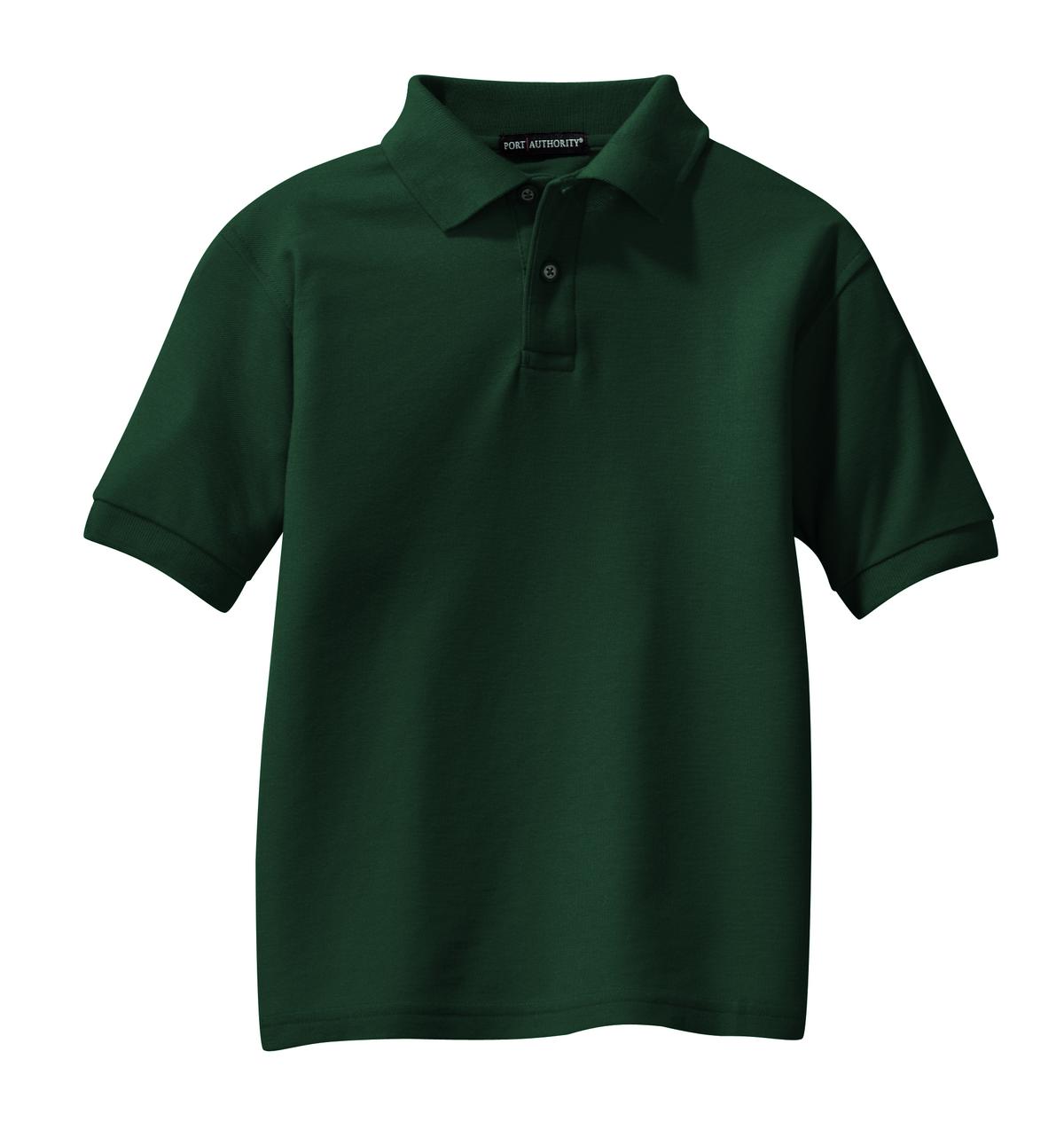 Front View of Dark Green Port Authority Youth Silk Touch Polo. Y500