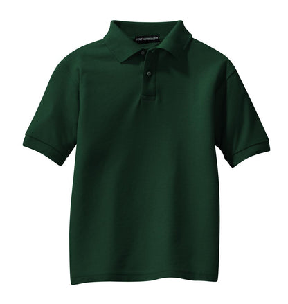 Front View of Dark Green Port Authority Youth Silk Touch Polo. Y500