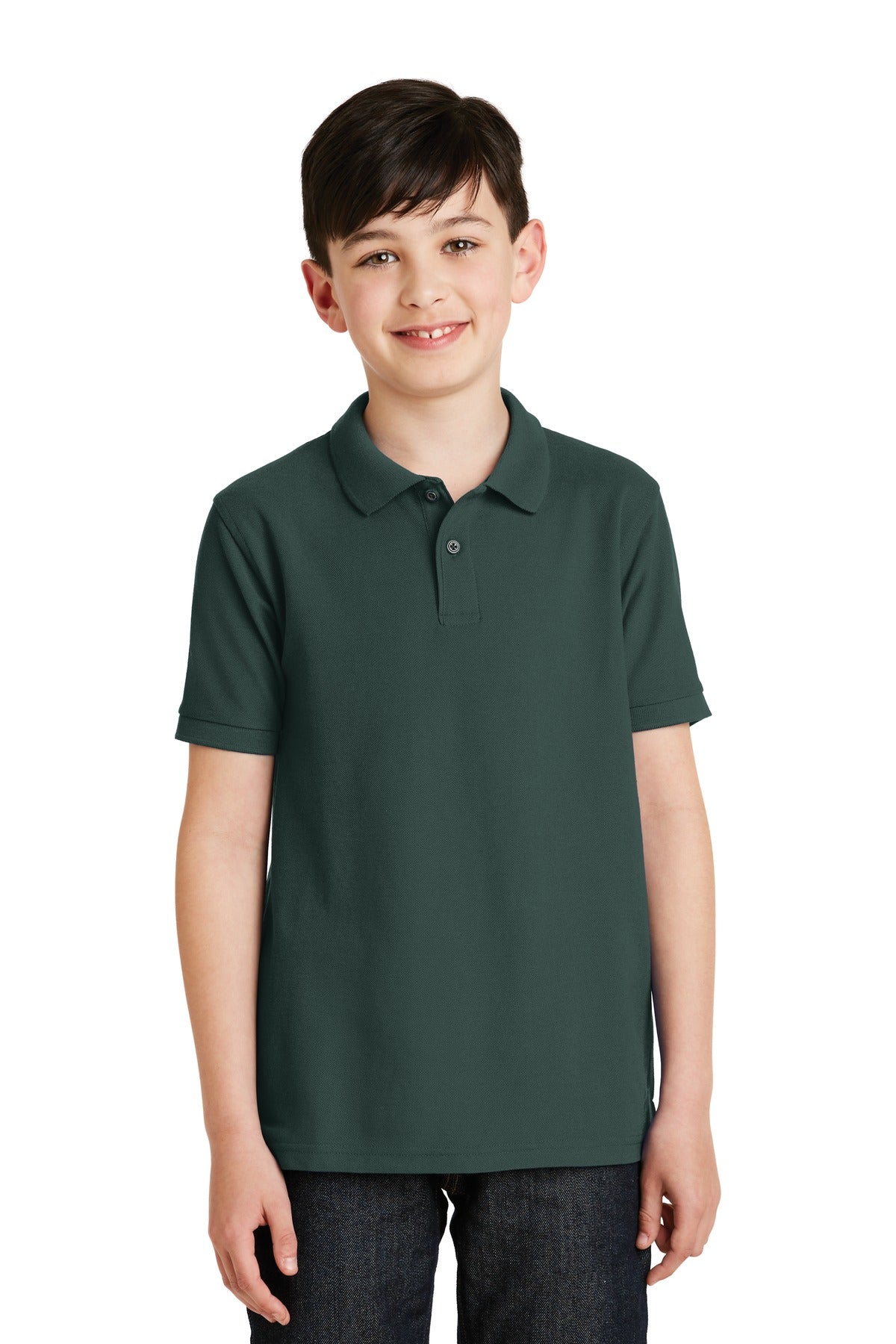 Front View of Dark Green Port Authority Youth Silk Touch Polo. Y500
