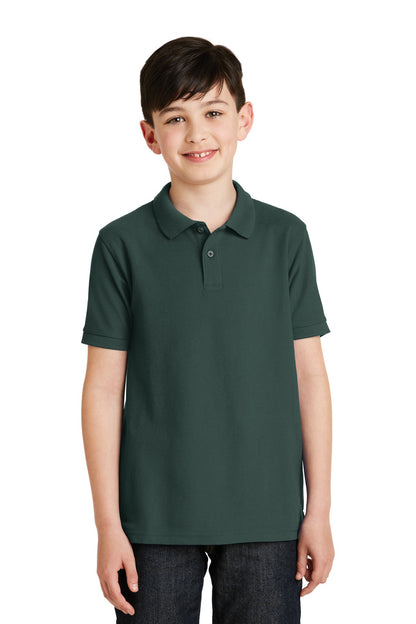 Front View of Dark Green Port Authority Youth Silk Touch Polo. Y500
