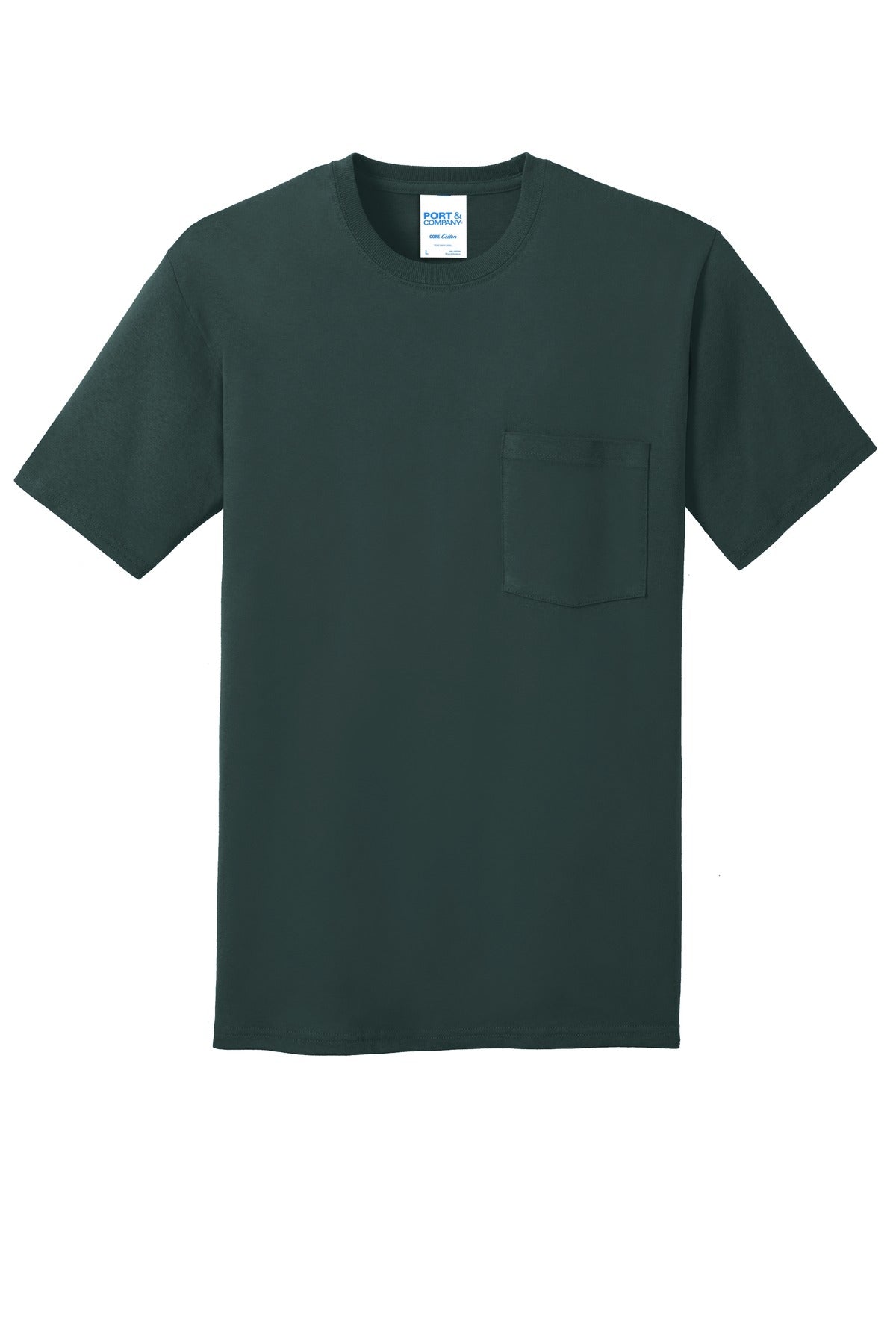 Front View of Dark Green Port & Company Core Cotton Pocket Tee. PC54P