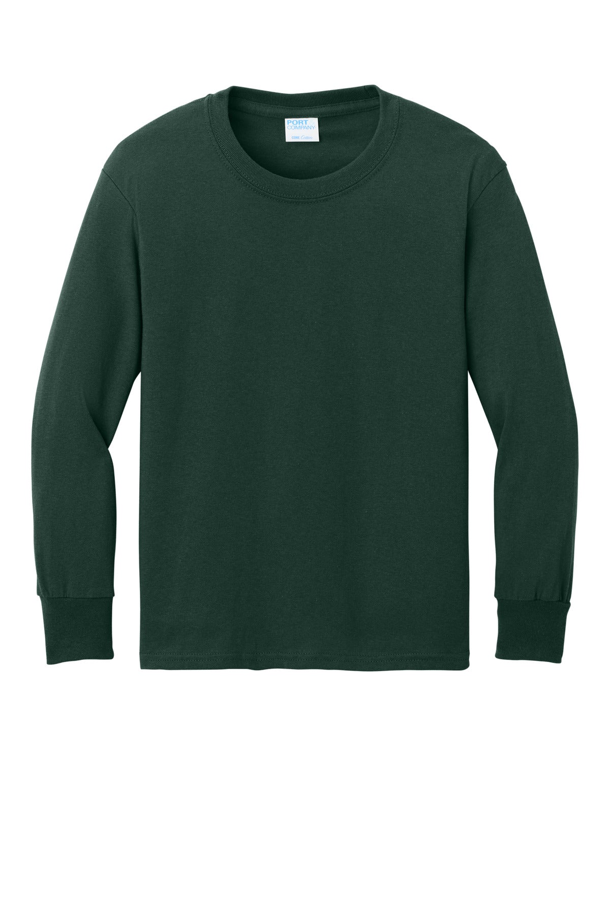 Front View of Dark Green Port & Company Youth Long Sleeve Core Cotton Tee. PC54YLS