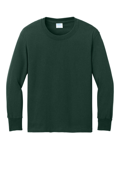 Front View of Dark Green Port & Company Youth Long Sleeve Core Cotton Tee. PC54YLS