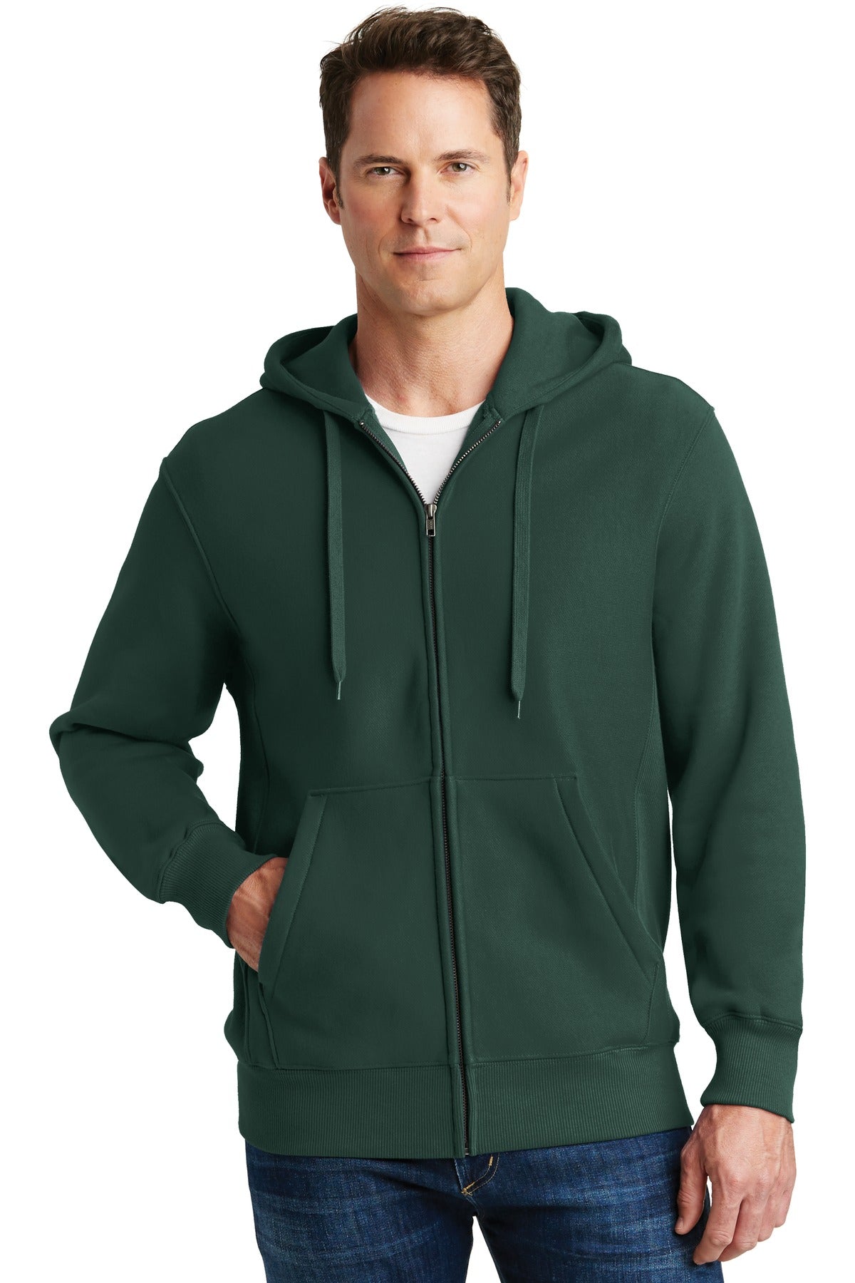 Front View of Dark Green Sport-Tek Super Heavyweight Full-Zip Hooded Sweatshirt. F282