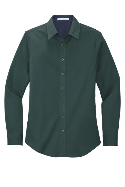 Front View of Dark Green/Nvy Port Authority Women's Long Sleeve Easy Care Shirt. L608