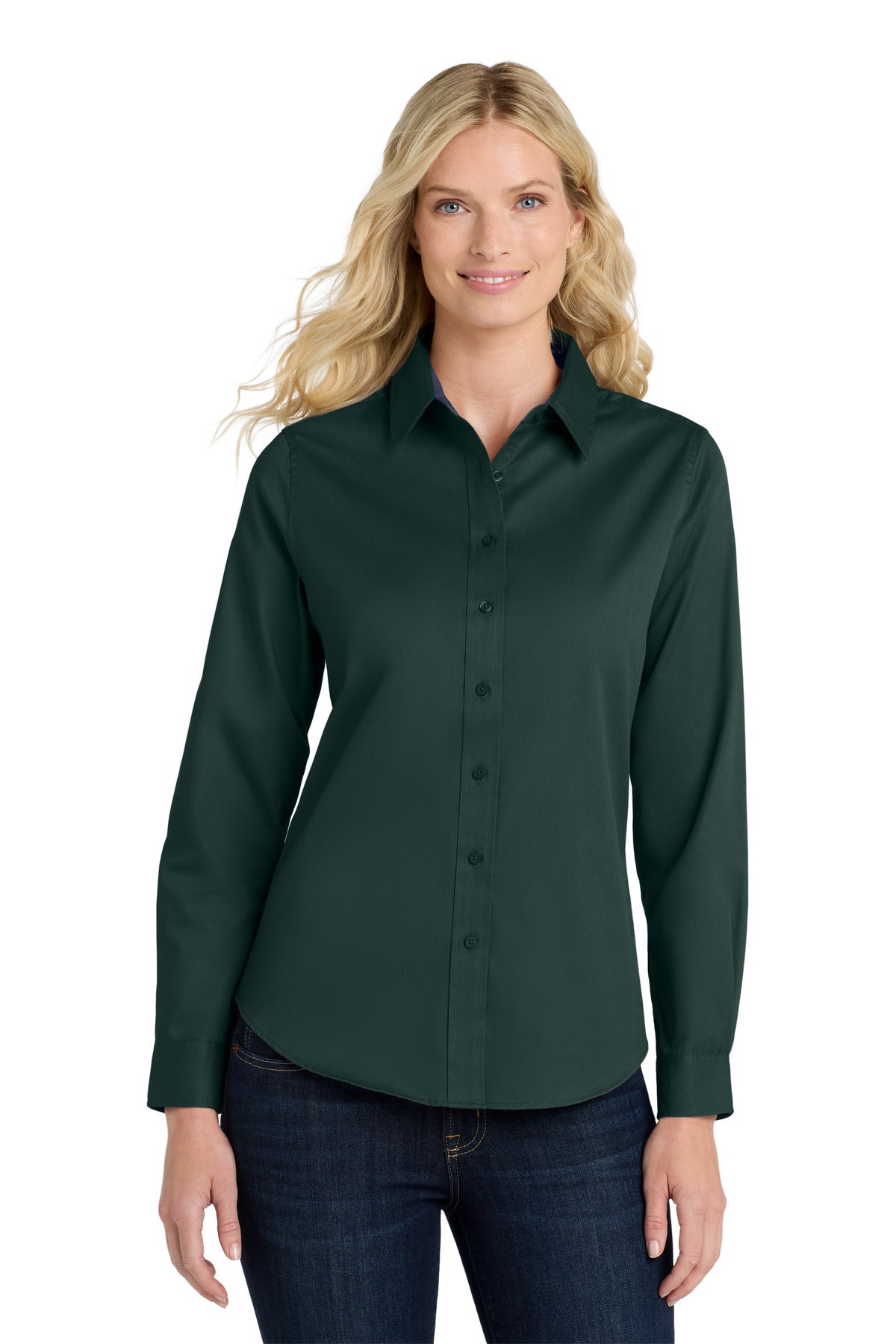 Front View of Dark Green/Nvy Port Authority Women's Long Sleeve Easy Care Shirt. L608