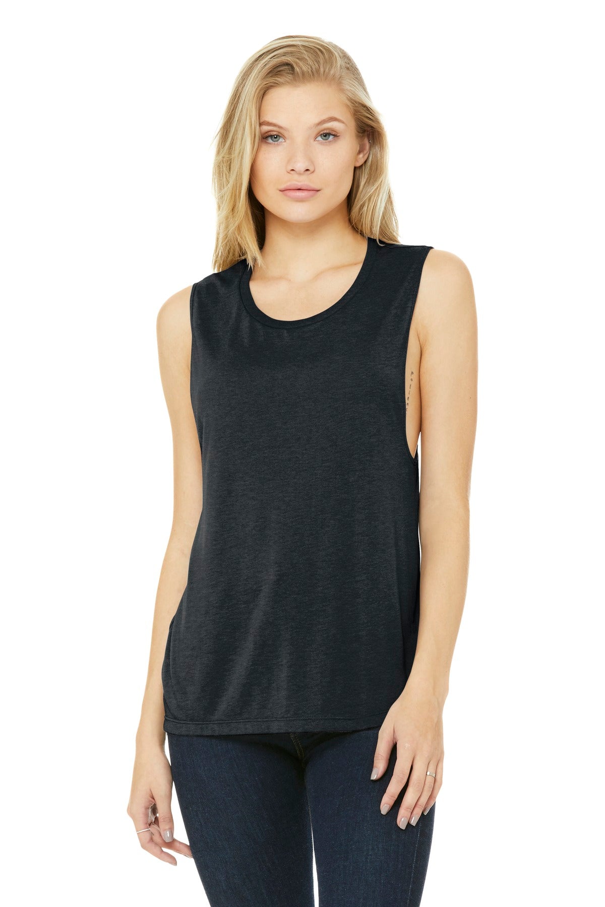 Front View of Dark Grey Ht BELLA+CANVAS Women's Flowy Scoop Muscle Tank. BC8803