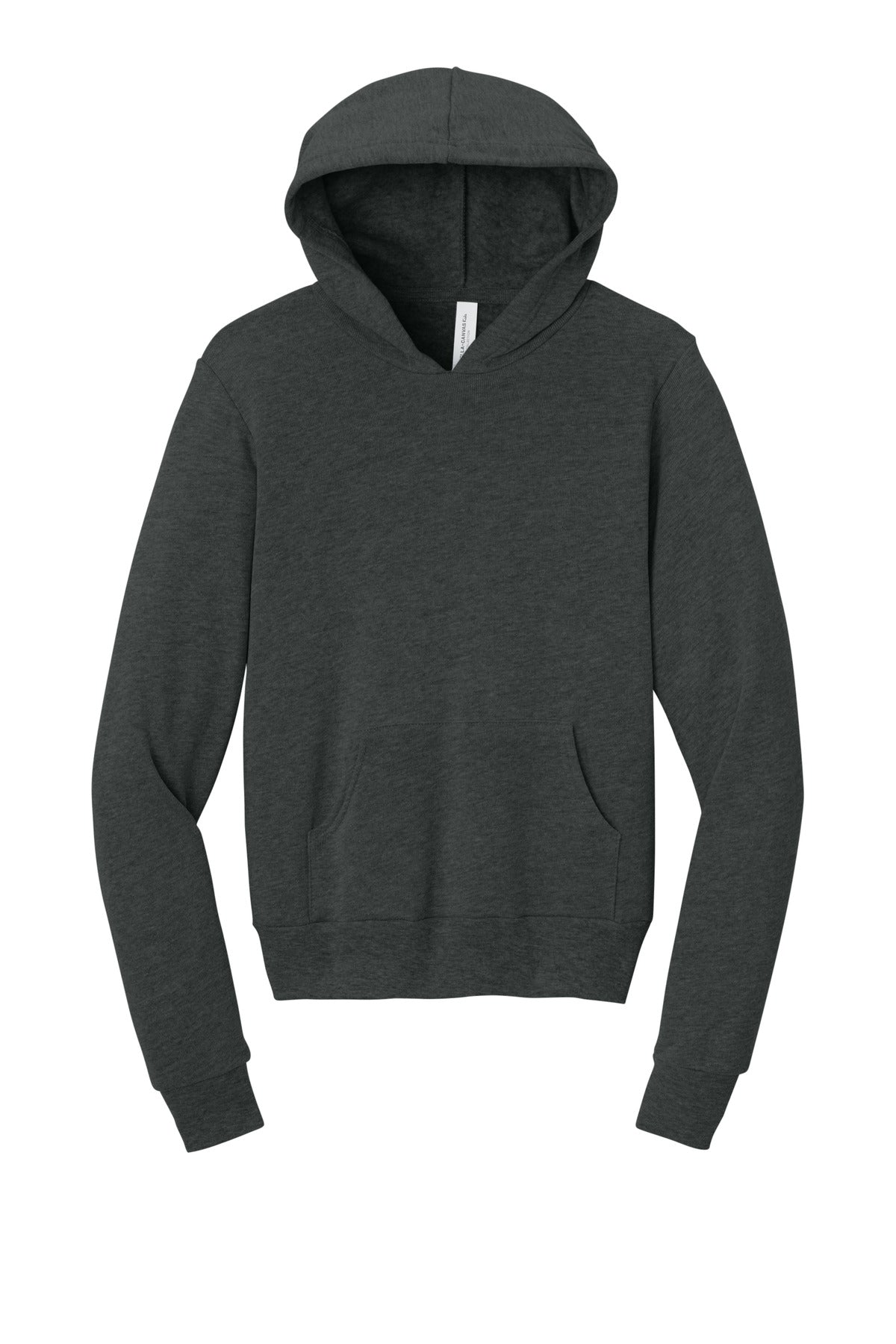 Front View of Dark Grey Ht BELLA+CANVAS Youth Sponge Fleece Pullover Hoodie BC3719Y