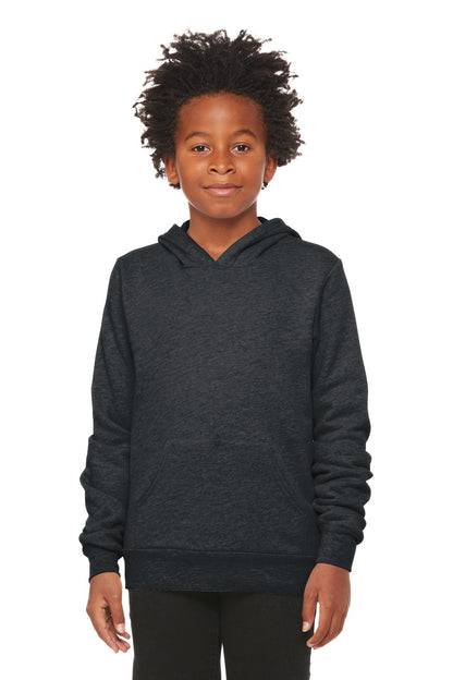 Front View of Dark Grey Ht BELLA+CANVAS Youth Sponge Fleece Pullover Hoodie BC3719Y