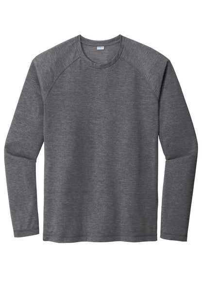 Front View of Dark Grey Hthr Sport-Tek PosiCharge Long Sleeve Tri-Blend Wicking Raglan Tee ST400LS