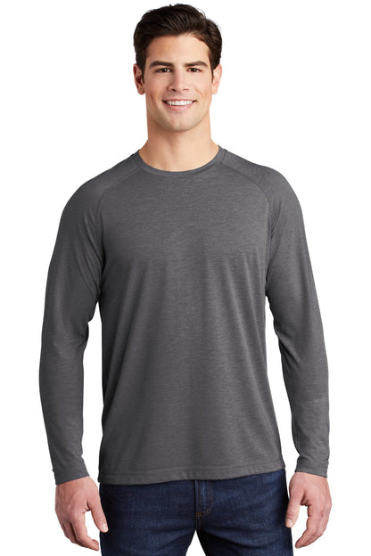 Front View of Dark Grey Hthr Sport-Tek PosiCharge Long Sleeve Tri-Blend Wicking Raglan Tee ST400LS