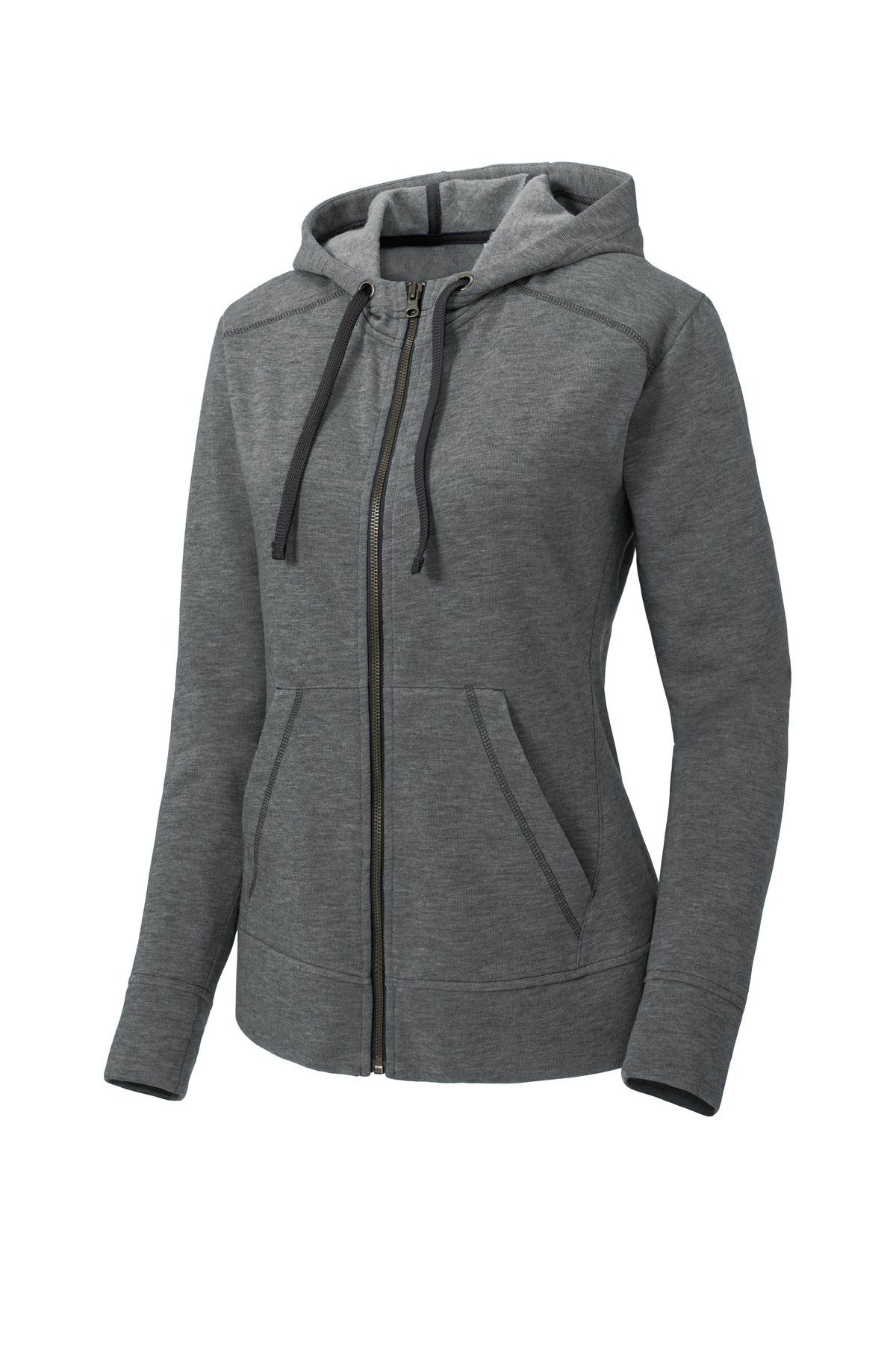 Front View of Dark Grey Hthr Sport-Tek Women's PosiCharge Tri-Blend Wicking Fleece Full-Zip Hooded Jacket LST293