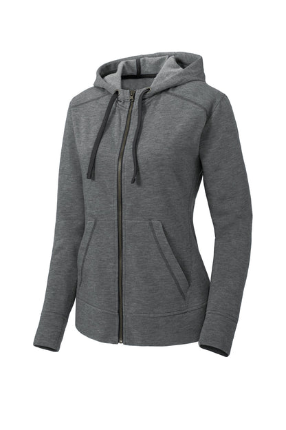 Front View of Dark Grey Hthr Sport-Tek Women's PosiCharge Tri-Blend Wicking Fleece Full-Zip Hooded Jacket LST293