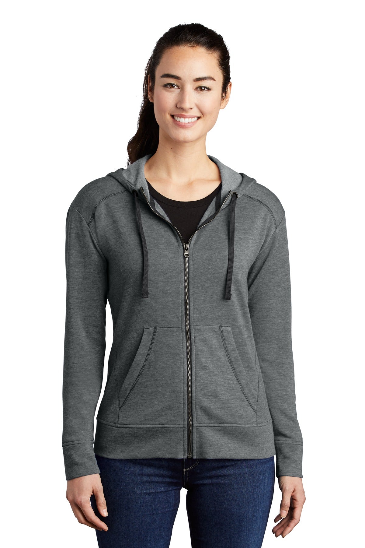 Front View of Dark Grey Hthr Sport-Tek Women's PosiCharge Tri-Blend Wicking Fleece Full-Zip Hooded Jacket LST293