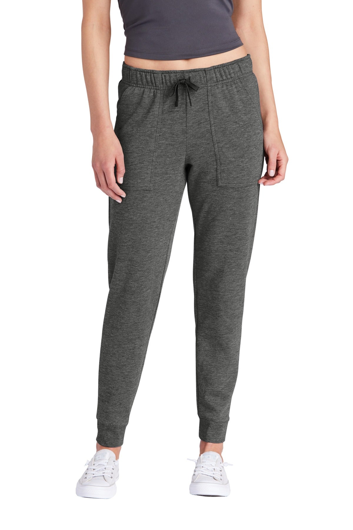 Front View of Dark Grey Hthr Sport-Tek Women's PosiCharge Tri-Blend Wicking Fleece Jogger LST299