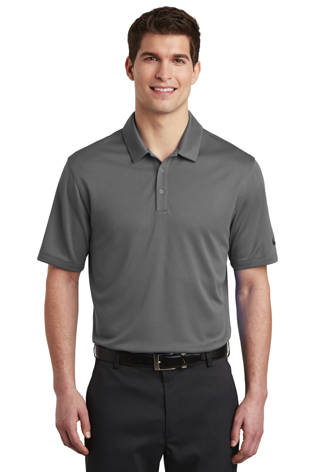 Front View of Dark Grey Nike Dri-FIT Hex Textured Polo. NKAH6266
