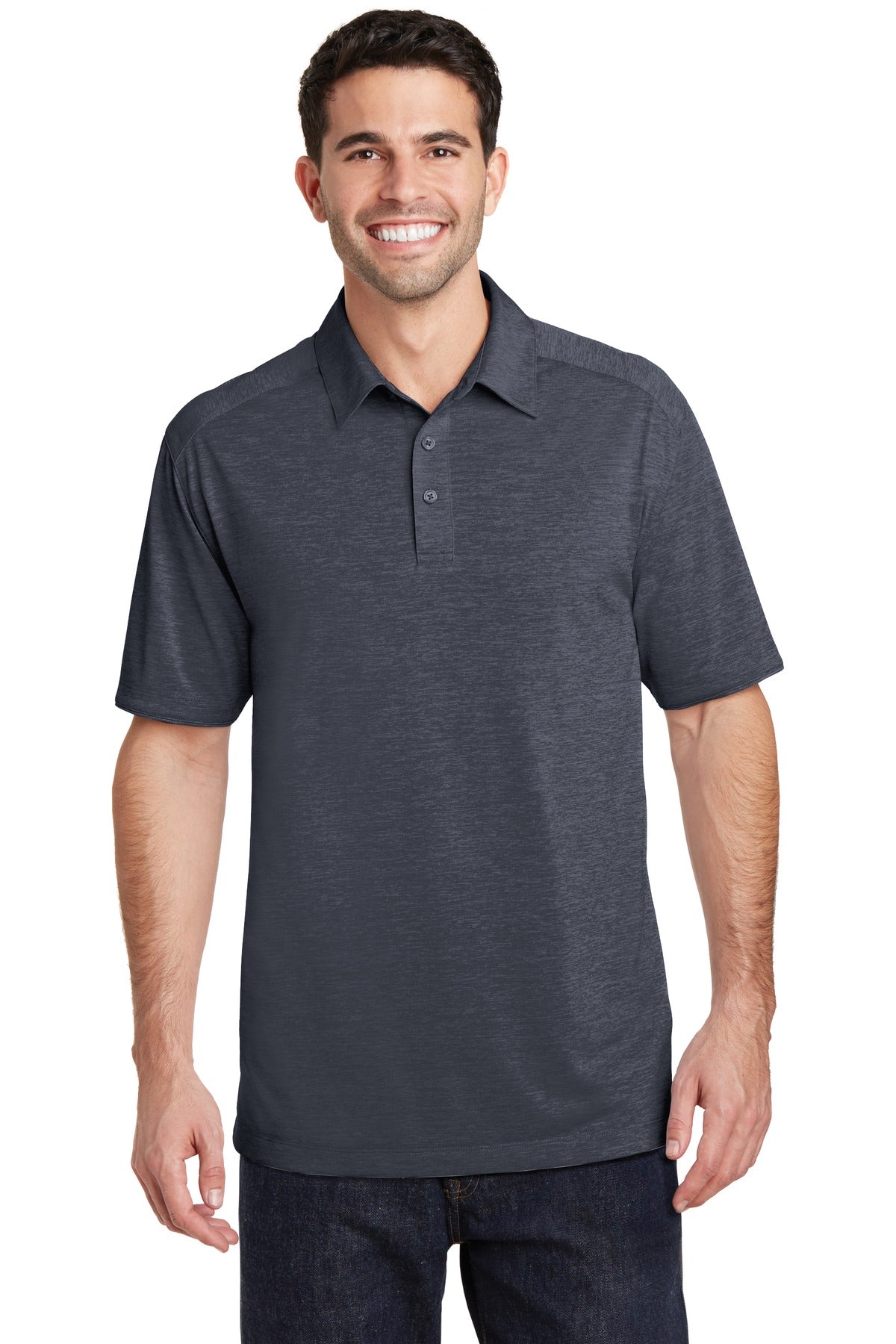 Front View of Dark Grey Port Authority Digi Heather Performance Polo. K574
