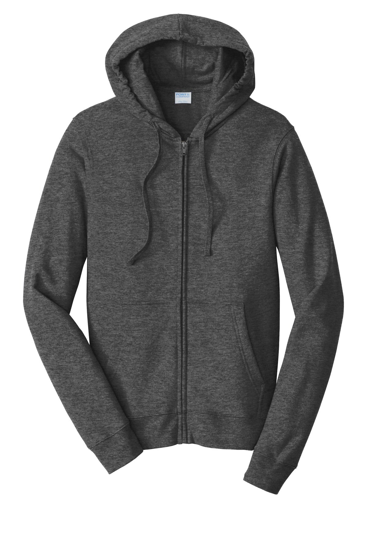 Front View of Dark Hthr Grey Port & Company Fan Favorite Fleece Full-Zip Hooded Sweatshirt. PC850ZH