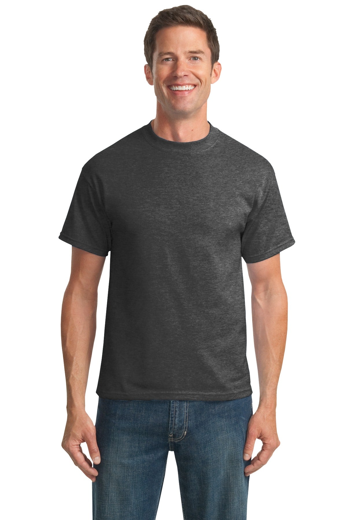 Front View of Dark Hthr Grey Port & Company Tall Core Blend Tee. PC55T