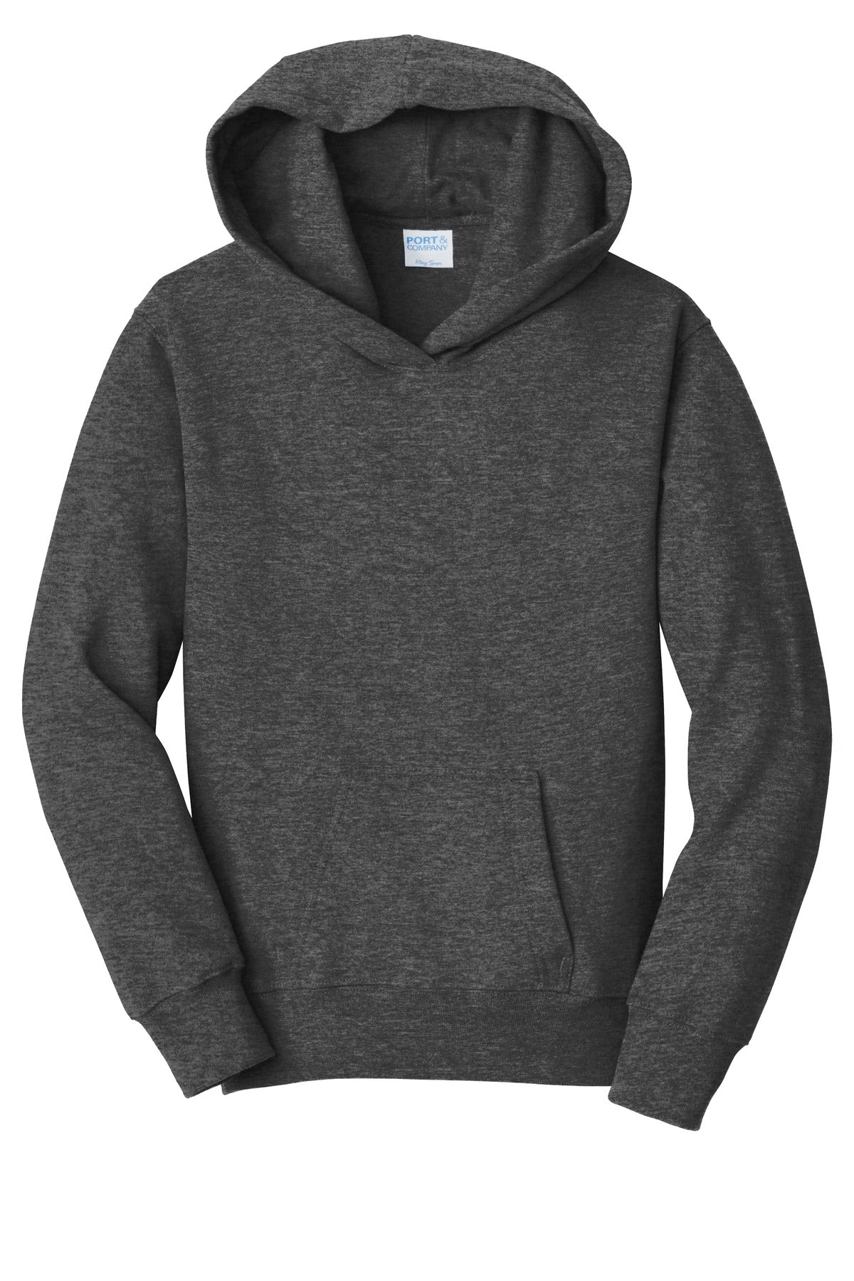 Front View of Dark Hthr Grey Port & Company Youth Fan Favorite Fleece Pullover Hooded Sweatshirt. PC850YH