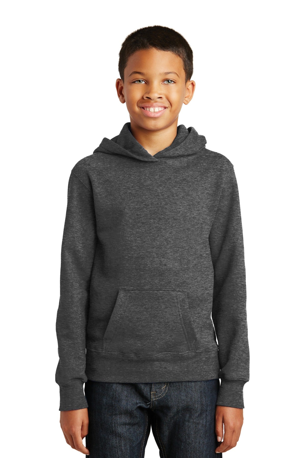 Front View of Dark Hthr Grey Port & Company Youth Fan Favorite Fleece Pullover Hooded Sweatshirt. PC850YH