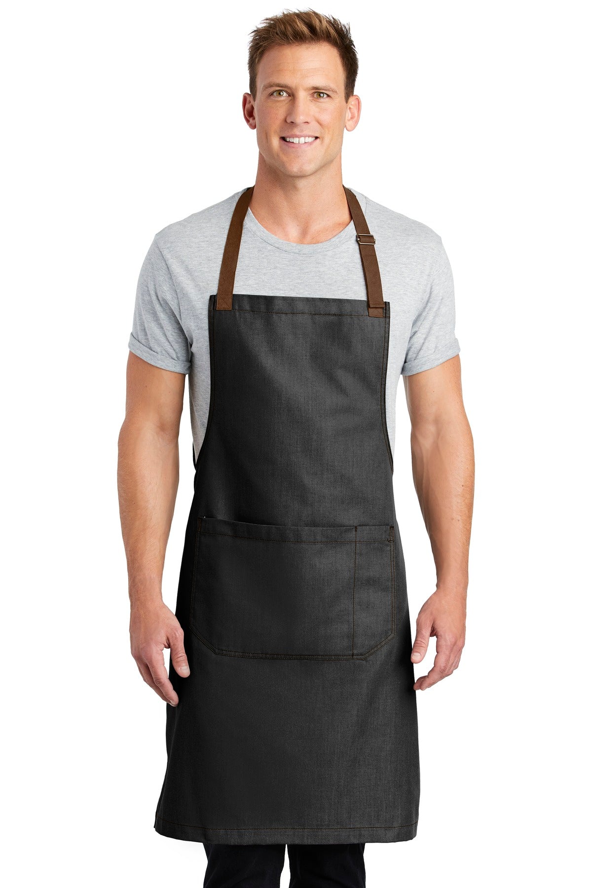 Front View of Dark Midnight Port Authority Market Full-Length Bib Apron. A800