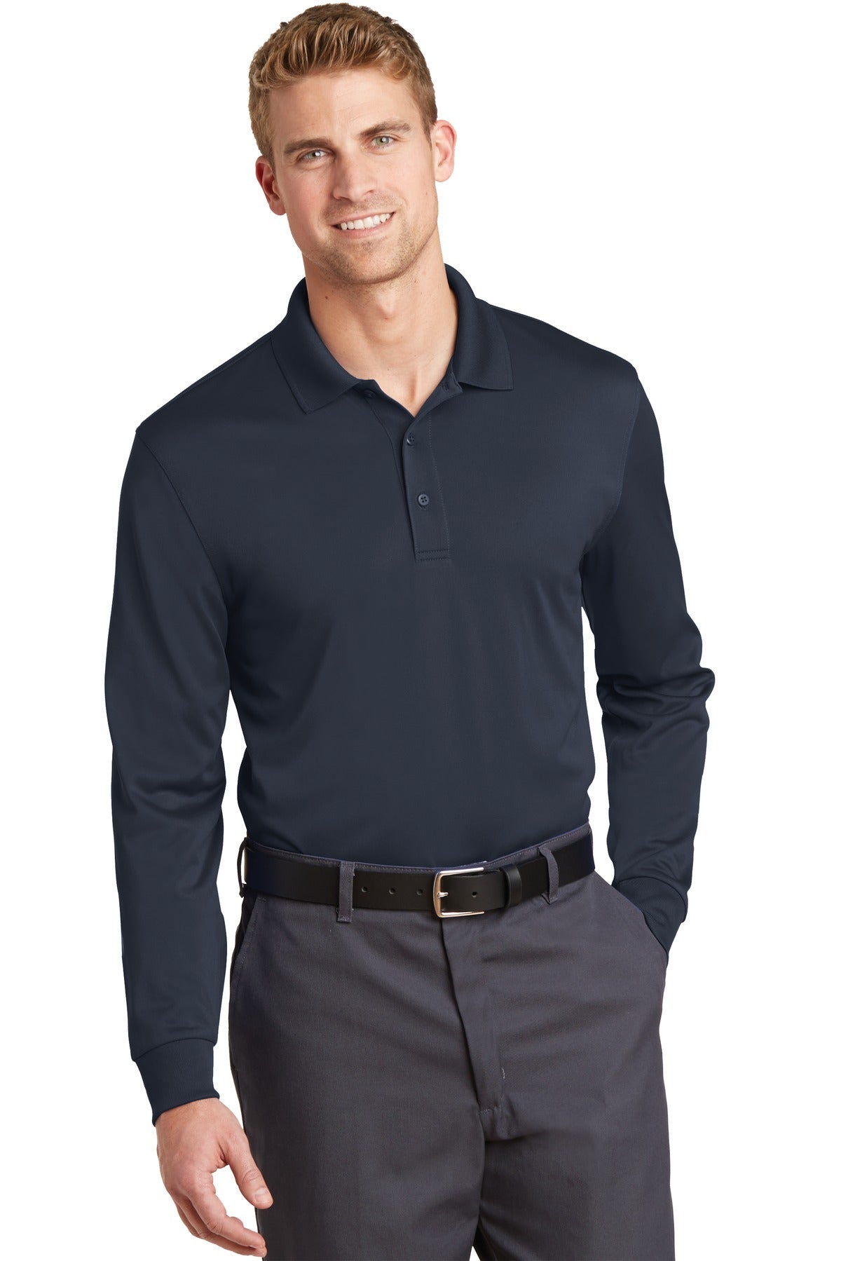 Front View of Dark Navy CornerStone Select Snag-Proof Long Sleeve Polo. CS412LS