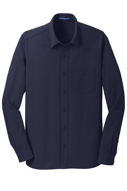 Front View of Dark Navy Port Authority Dimension Knit Dress Shirt. K570
