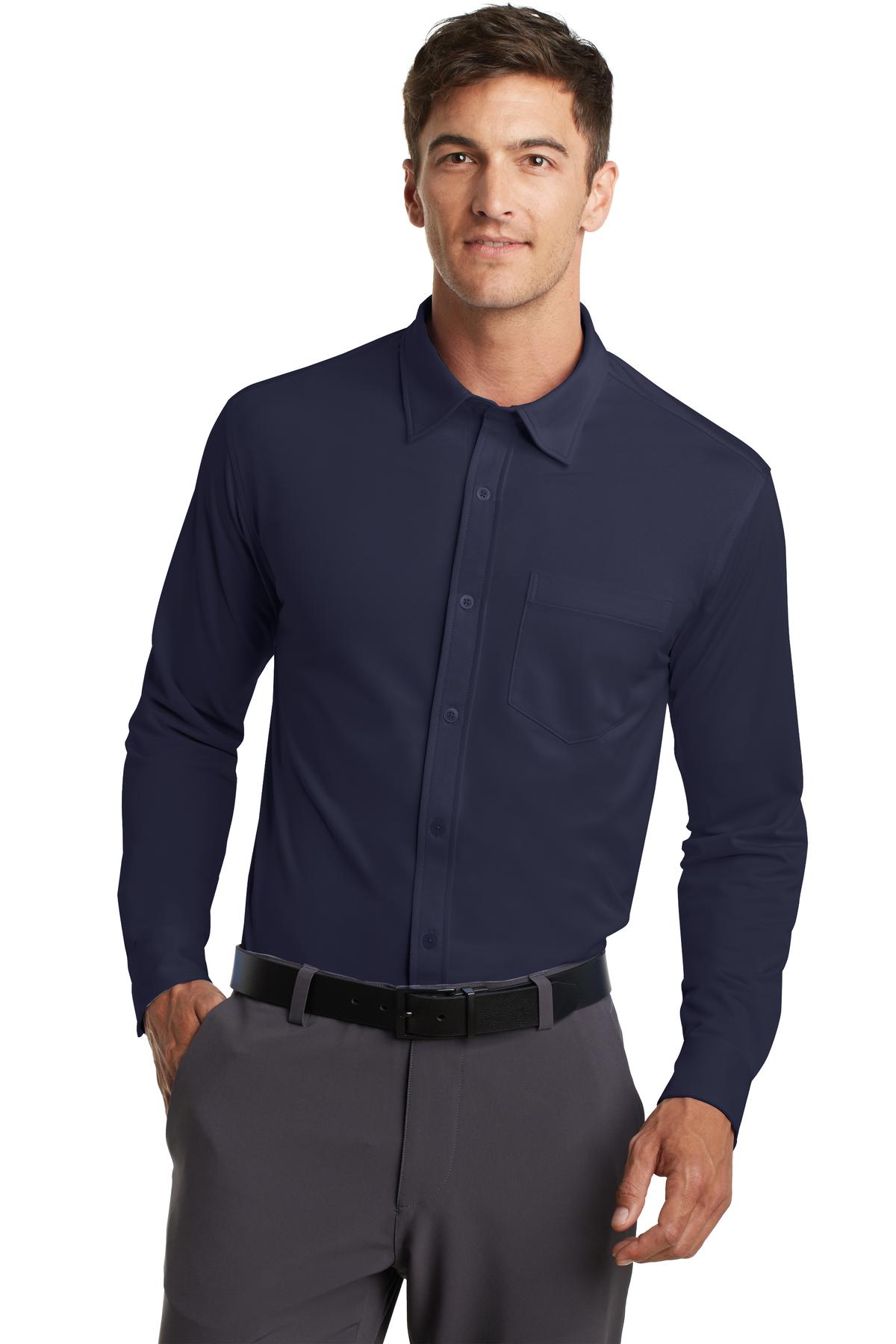 Front View of Dark Navy Port Authority Dimension Knit Dress Shirt. K570