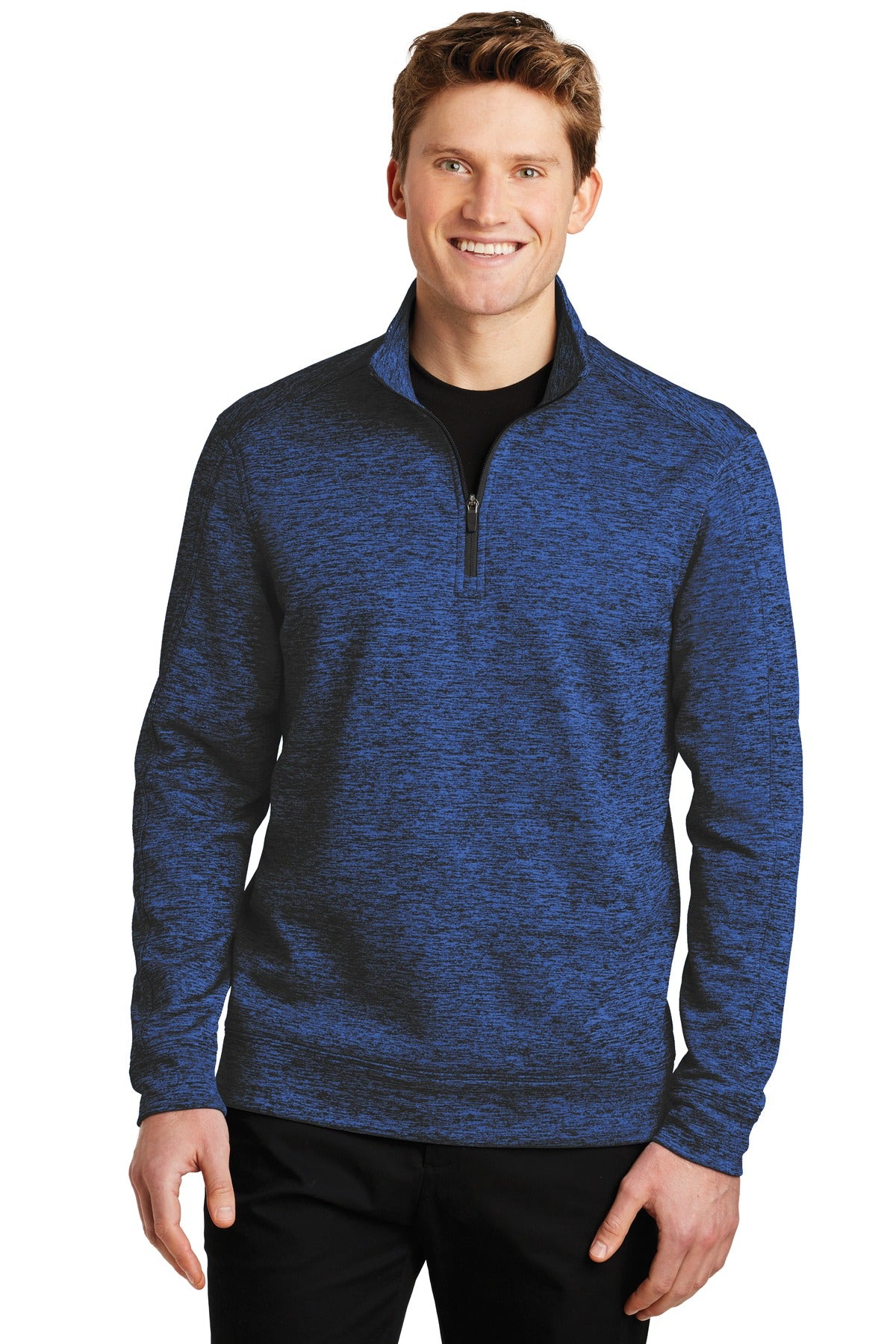 Front View of Dark Roy-Bk El Sport-Tek PosiCharge Electric Heather Fleece 1/4-Zip Pullover. ST226