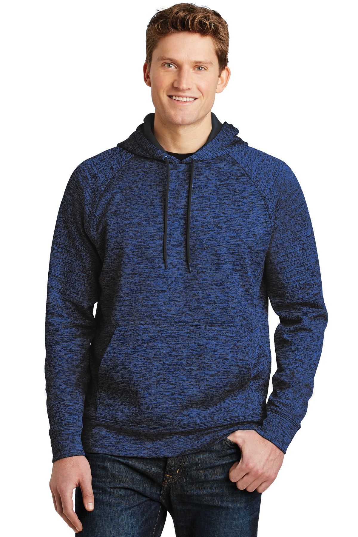 Front View of Dark Roy-Bk El Sport-Tek PosiCharge Electric Heather Fleece Hooded Pullover. ST225